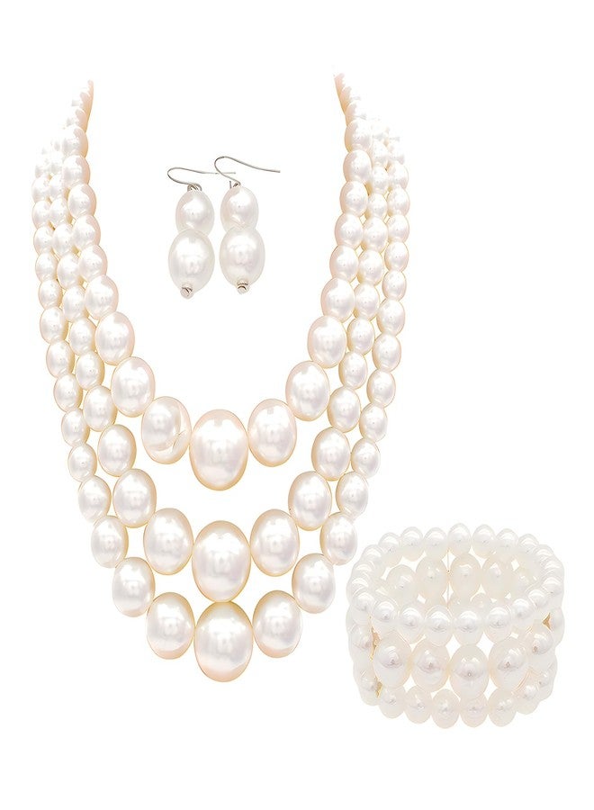 CIOOU A-White Chunky Faux Pearl Necklace and Earring Set - Large Costume Jewelry for Women - 1920s Gatsby Accessories - Image 1